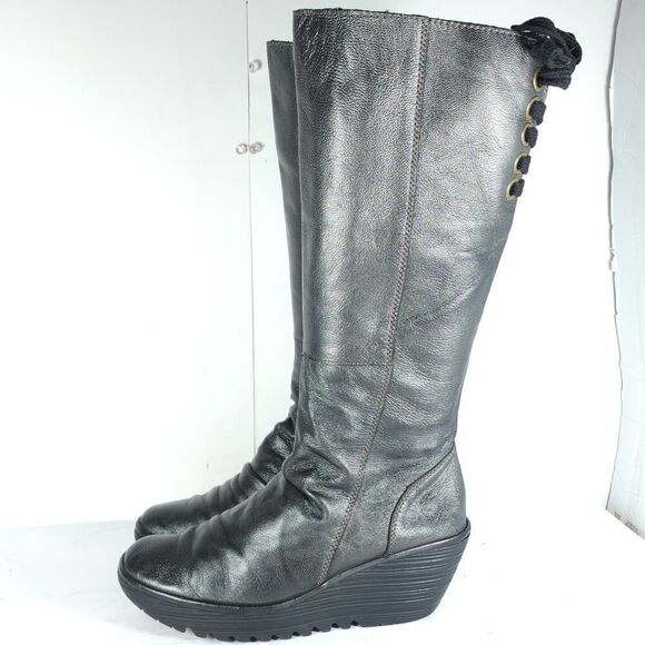 Fly London Womens Yust US9,5 EU40 Metallic Gray Leather Zip Wedge Riding Boots - Picture 2 of 16